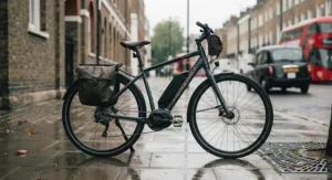 An electric commuter bike equipped with slip-resistant wide pedals parked on a wet London pavement.