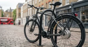E-bike equipped with internal hub gears locked to a Sheffield stand in a UK city centre.