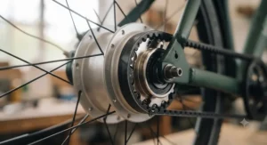 A folding internal hub gear electric bike parked outside a busy railway station in Manchester.