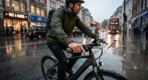 Rider commuting through city traffic in the rain, maintaining a secure and cushioned grip on their electric bicycle. electric bike ergonomic grips for wrist pain