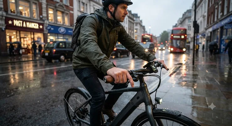 Rider commuting through city traffic in the rain, maintaining a secure and cushioned grip on their electric bicycle. electric bike ergonomic grips for wrist pain