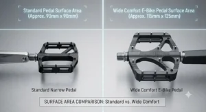 Side-by-side comparison illustrating the surface area difference between standard pedals and wide comfort pedals.