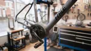 An electric bike frame curing in a well-ventilated garage after receiving its protective anti-rust coating.