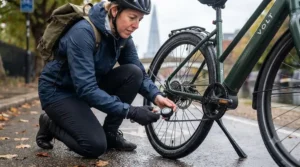 Cyclist checking tyre pressure on an electric bike equipped with puncture-resistant tyres during a commute.