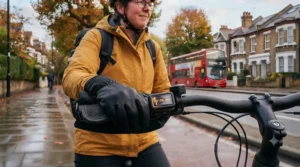 Cyclist wearing thermal gloves riding an electric bike with heated grips on a crisp morning commute.