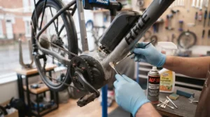 Precision application of anti-rust sealant around an electric bike battery compartment and cable ports.