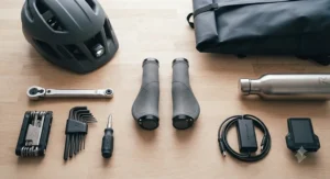 Flat lay arrangement of electric bike accessories, featuring premium memory foam grips and a helmet.