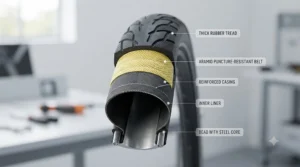 Cross-section diagram of an electric bike tyre highlighting the thick protective puncture-resistant inner belt.