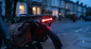 LED brake light integrated directly into the rear rack of an electric bike for enhanced visibility on dark evening commutes.