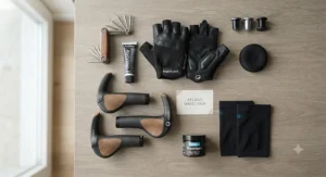 Selection of UK-available bicycle accessories including padded gloves and winged ergonomic grips laid out together.