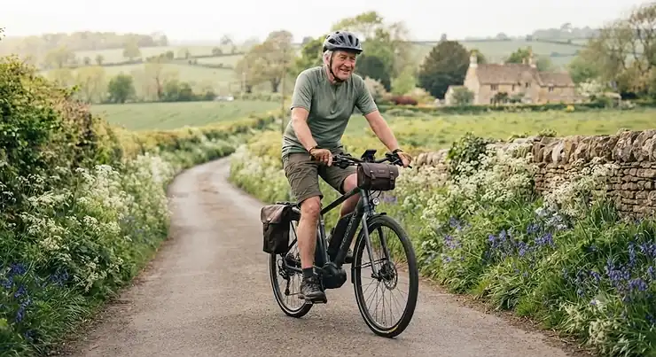 An older cyclist enjoying a comfortable leisure ride on a UK cycle path using wide platform pedals. electric bike wide comfort pedals