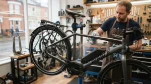 Professional application of anti-rust frame coating to an electric bike in a UK workshop to protect against rain and road salt.