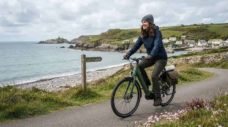 A corrosion-resistant electric bike parked along a British seaside promenade overlooking a pebble beach. electric bike for coastal salty air