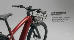 Diagram highlighting the comfort features of an electric bike, focusing on the cushioning memory foam grips.