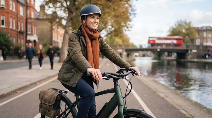 Cyclist testing the adjustable electric bike easy-reach brake levers on a city street, designed for safer stopping in urban traffic. electric bike easy-reach brake levers