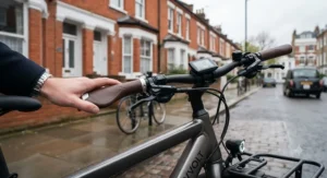 Close-up of ergonomic handlebar grips fitted to an electric commuter bike on a London street, designed to relieve wrist strain.