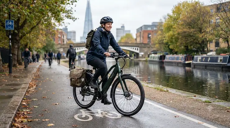 Cyclist riding an electric commuter bike fitted with puncture-resistant tyres on a wet London street. electric bike puncture-resistant tyres