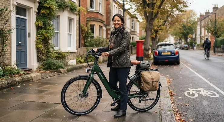 A dark green electric bike with a built-in rear rack parked outside a brick townhouse in London, equipped for urban commuting electric bike with built-in rear rack