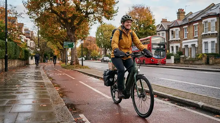 Side profile of an electric bike with heated grips parked on a wet London street during autumn. electric bike with heated grips