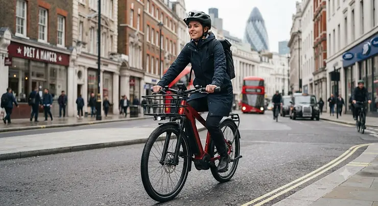 A commuter riding an electric bike equipped with comfortable memory foam grips on a British city street. electric bike with memory foam grips