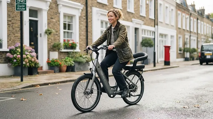 A stylish electric bike with a wrap-around backrest parked outside a British café, designed for safe and comfortable urban commuting. electric bike with wrap-around backrest