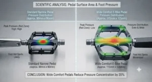 Diagram showing reduced foot pressure distribution when using wide comfort pedals on an electric bicycle.
