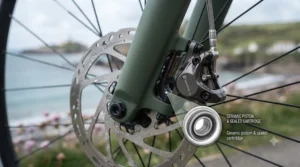 High-performance hydraulic disc brakes providing reliable stopping power on rainy coastal paths.
