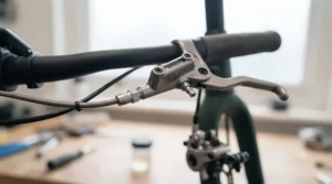 Technical illustration of hydraulic electric bike easy-reach brake levers connected to disc brake calipers.