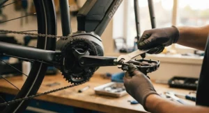 Hands using a spanner to install wide comfort pedals onto an electric bicycle crank arm.