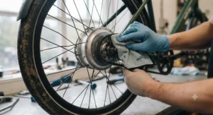 A rider effortlessly shifting gears on an internal hub gear electric bike while climbing a steep British residential street.