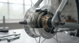 Cutaway view of an internal hub gear mechanism on an electric bicycle, demonstrating protected shifting for urban commuting.