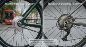 Diagram comparing the enclosed casing of an internal hub gear electric bike against an exposed traditional derailleur system.