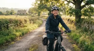 Cyclist enjoying a weekend country lane ride on an electric bike with supportive memory foam grips.