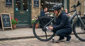 Cyclist cleaning a belt drive e-bike outside a British café, illustrating low-maintenance ownership in rainy UK weather.