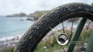 Puncture-resistant e-bike tyres navigating a sandy British coastal cycle track.