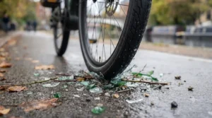 Illustration of a heavy-duty e-bike tyre safely rolling over glass and sharp debris on a tarmac cycle lane.
