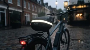 Rear view of an electric bicycle saddle cover featuring a high-visibility reflective strip for safe night riding in winter.