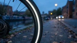 Close-up of an electric bike tyre featuring a high-visibility reflective sidewall strip for night riding.