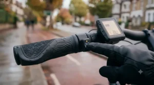 Rider's hand pressing the handlebar toggle switch to activate an electric bike with heated grips.