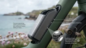 Weather-sealed lithium battery housing on an electric bike for reliable coastal commuting.
