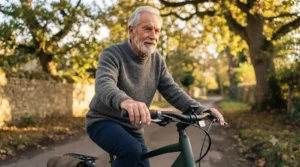 Older cyclist enjoying comfortable hand positioning with electric bike easy-reach brake levers during a countryside ride.