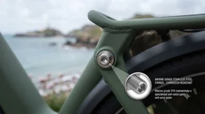 Stainless steel bolts and fixings on an electric bicycle preventing salt-water oxidation.