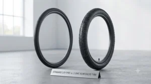 Side-by-side comparison showing a standard bicycle tyre next to a heavy-duty puncture-resistant e-bike tyre.