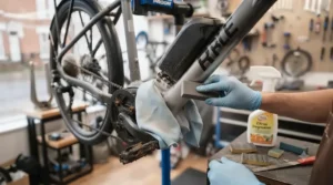 Carefully sanding down a metal bicycle frame to remove surface blemishes prior to applying an anti-rust frame coating.