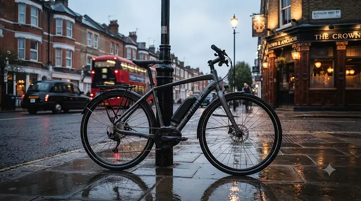 A fully coated, weatherproof electric bike parked on a wet London pavement, ready to tackle UK commuting conditions. electric bike anti-rust frame coating
