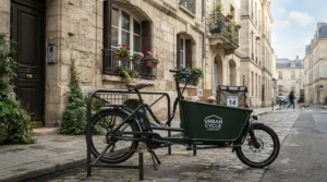 A connected electric bike for delivery riders parked outside a historic tenement building in Edinburgh