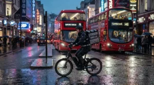 A connected electric bike for delivery riders navigating a busy London street during evening rush hour