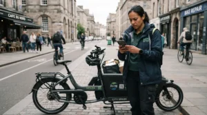 A connected electric bike for delivery riders receiving battery health monitoring warnings on their mobile screen