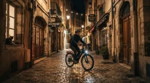 A connected electric bike for delivery riders equipped with integrated lighting for late-night urban food drops