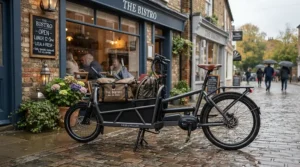 A connected electric bike for delivery riders parked outside a takeaway during a typical British drizzle